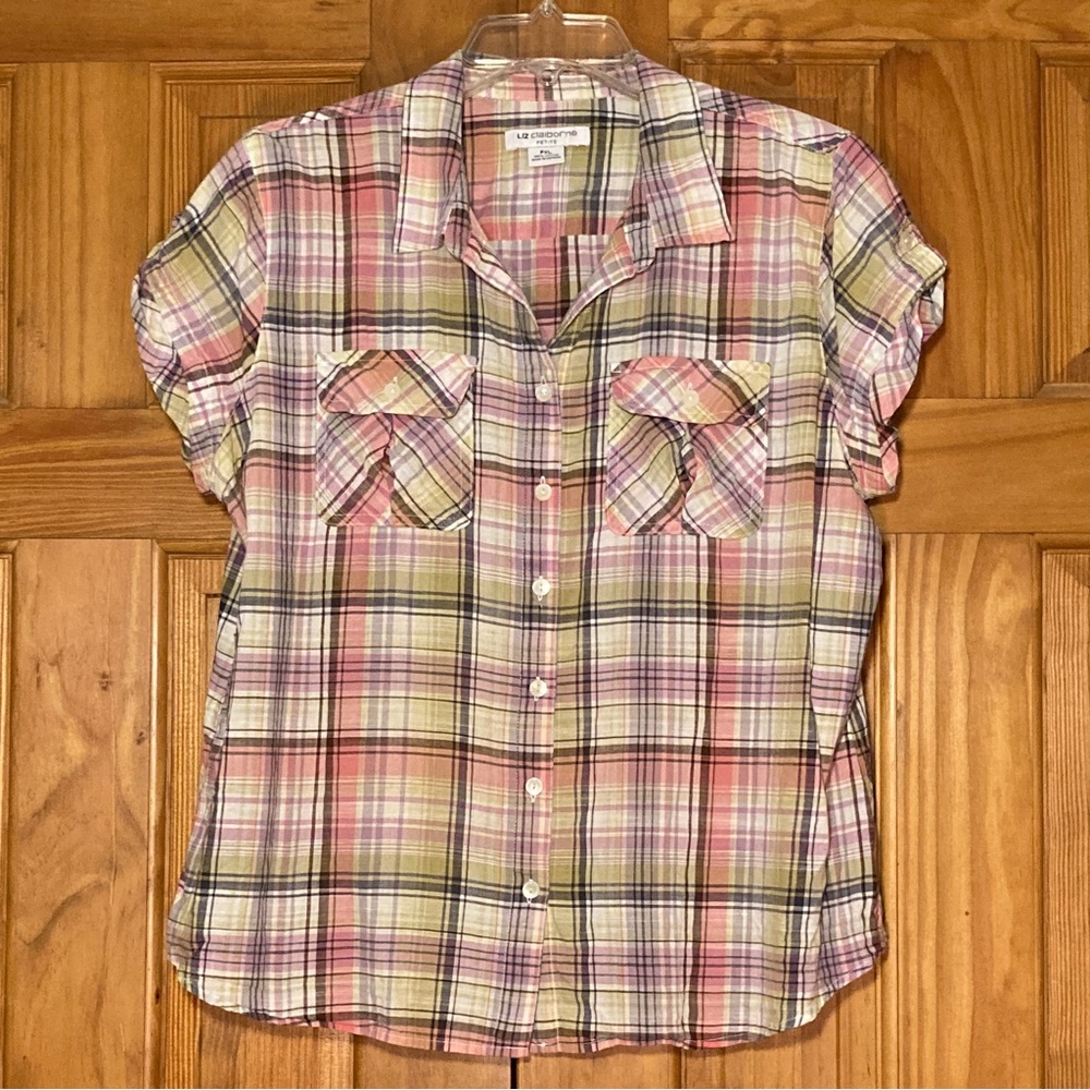 EUC Liz Claiborne Petite Vintage 90s Top Short Sleeve Blouse Pink Black Size XLP